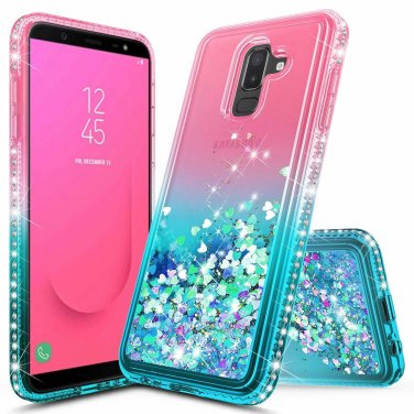 For Galaxy J8 Case Glitter Liquid Quicksand Waterfall Floating Flowing Pink/Aqua