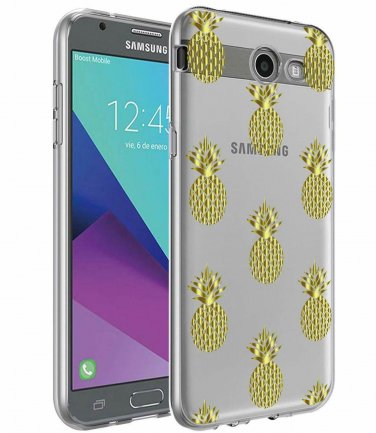 For Galaxy J7 V Case Slim Shockproof Clear Soft Flexible TPU Gold Pinneapples