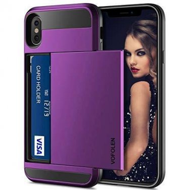 For iPhone Xs Max Case Wallet Card Holder Sliding Cover Credit Card Slot Purple