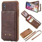 For iPhone Xs Max Wallet Case Detachable Neck Strap Wrist Lanyard Leather Coffee
