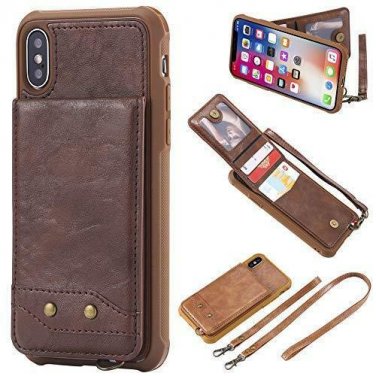 For iPhone Xs Max Wallet Case Detachable Neck Strap Wrist Lanyard Leather Coffee