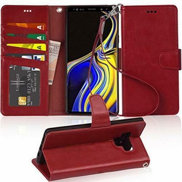 For Galaxy Note 9 Case PU Leather Wallet Wrist Strap 4-Slots ID&Credit Card Red