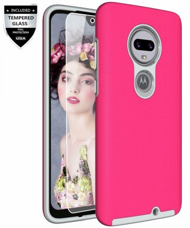 For Moto G7 Case with 9H Tempered Glass Screen Protector Dual Layer Pink