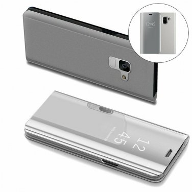 For Galaxy A8 Plus Case Mirror Design Clear View Flip Bookstyle Luxury Silver