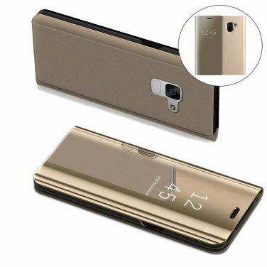 For Galaxy A8 Plus Case Mirror Design Clear View Flip Bookstyle Luxury Gold