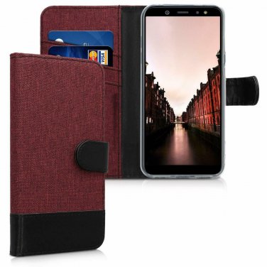 For Samsung Galaxy A6 2018 Case PU Leather Protective Dark Red/Black