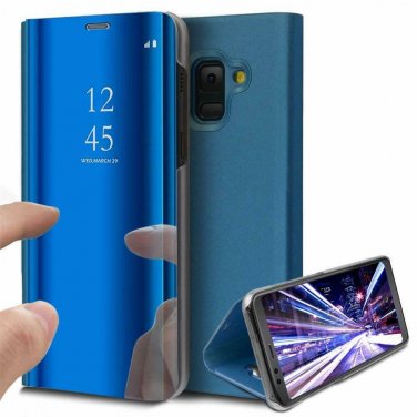 For Samsung J8 2018 Case Mirror Design Clear View Flip Bookstyle Protecter Blue