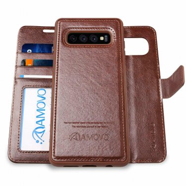 For Samsung Galaxy S10 Plus Case Wallet Detachable Leather Wrist Strap Brown