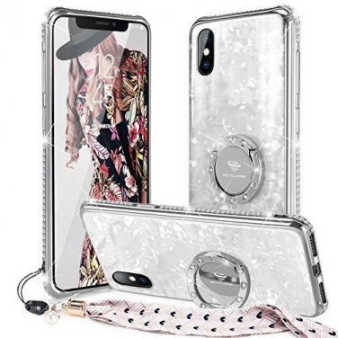 Fori Phone Xs Max Case Glitter Tempered Glass Back Bling Diamond Rhineston White