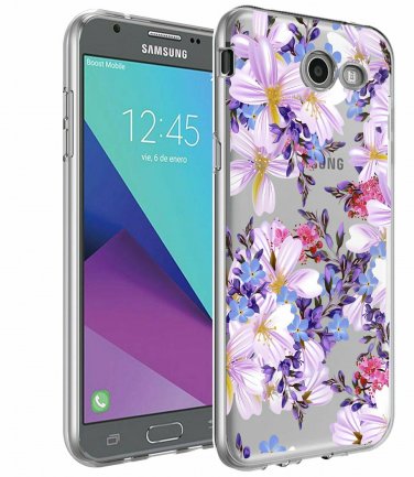 For Galaxy J7 V Case Slim Shockproof Clear Soft Flexible TPU Purple Floral