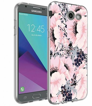 For Galaxy J7 V Case Slim Shockproof Clear Soft Flexible TPU Pink Floral Pattern