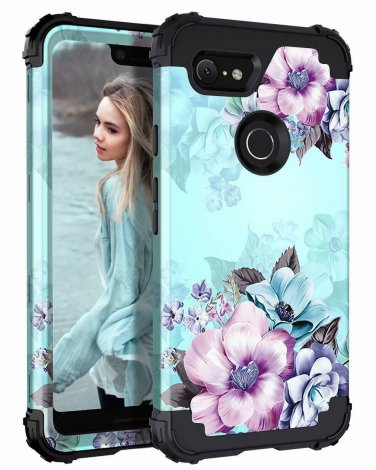 For Google Pixel 3 XL Case Floral Three Layer Heavy Duty Hybrid Sturdy Armo Blue