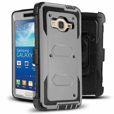 For Grand Prime Case Kickstand Shock Absorption Hybrid Dual Layer Rugged Grey