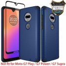 For Moto G7 Case with Tempered Glass Screen Protector Metal Plate Back Blue