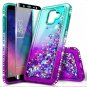For Galaxy A6 Case Tempered Glass Screen Protector Glitter Liquid Aqua/Purple
