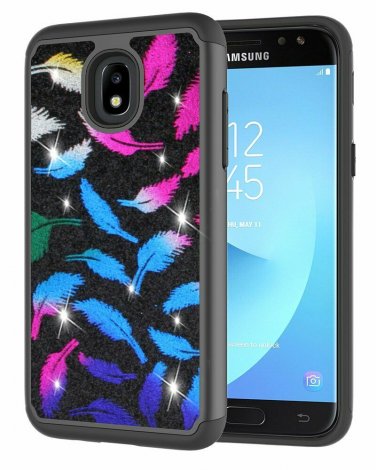For Galaxy J7 2018 Case Defender Cover Dual Layer Soft TPU Bumber Feathers Black
