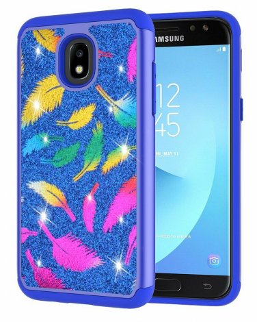 For Galaxy J7 2018 Case Defender Cover Dual Layer Soft TPU Bumber Feathers Blue