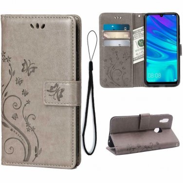 For Huawei P Smart Wallet Case 2019  PU Leather Magnetic Flip Cover Flower Grey