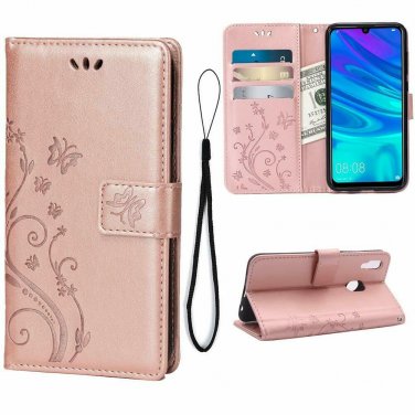For Huawei P Smart Wallet Case 2019  PU Leather Magnetic Flip Cover Flower Gold