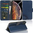 For iPhone Xs Max Case Leather Stand Feature with Wrist Strap Credit Cards Blue