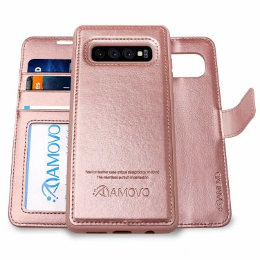 For Samsung Galaxy S10 Plus Case Wallet Detachable Leather Wrist Strap Rose Gold
