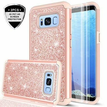 For Galaxy S8 Case 3D PET HD Screen Protector 2Pack Glitter Dual Layer Rose Gold