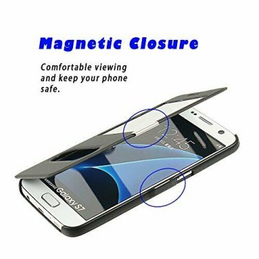 For Samsung Galaxy S7 Case  Dual Window Magnetic Closure Twill PU Leather Black