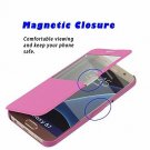 For Galaxy S7 Case Window View Magnetic Closure Twill PU Leather Hot Pink