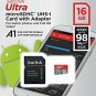 SanDisk 16GB Ultra microSDXC UHSI Memory Card with Adapter 98MB/s C10 U1 Full HD