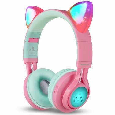 Bluetooth Headphones Riwbox T7 Cat Ear LED Light Up Wireless Foldable PinkGreen