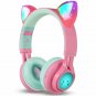Bluetooth Headphones Riwbox T7 Cat Ear LED Light Up Wireless Foldable PinkGreen