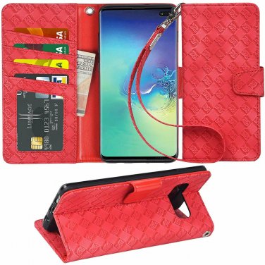 Samsung Galaxy S10 Plus Case Wallet PU Leather Stand Feature Wrist Strap Red