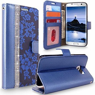 For Galaxy S7 Edge Wallet Case Leather Diamond Jewel Card Slots Navy Blue Bling