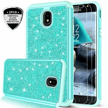 For Samsung GalaxyJ7 Case GlitterTempered Glass Screen Protector Mint