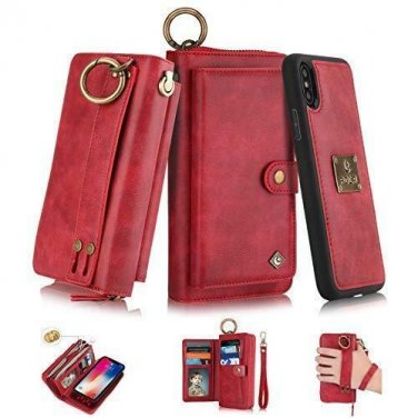 iPhone Xs Max Case Magnetic Detachable Handmade Cowhide Wallet Card Holder Red