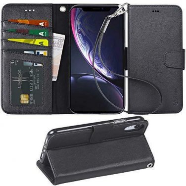 For iPhone Wallet Case PU Leather Wrist Strap 4-Slots Credit Cards Pocket Black