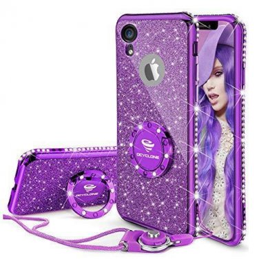 For Apple iPhone XR Case Cute Girly Glitter Bling Diamond Rhinestone Ring Purple