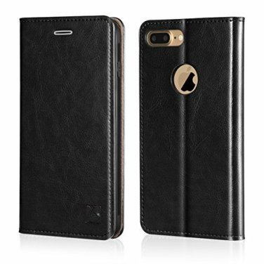 For iPhone 8 Plus Wallet Case Cowhide Leather Card Holder Slots Kickstand Black