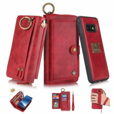 For Galaxy S10 Wallet Case Handmade Leather Magnetic Detachable Cowhide Red