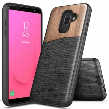 For Samsung J8 2018 Wood Case Premium Natural Wood SnapOn Canvas leather Fabric