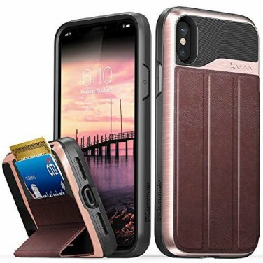 For iPhone X/Xs Case Drop Protection Leather Card Slot Kickstand Rose Gold/Black