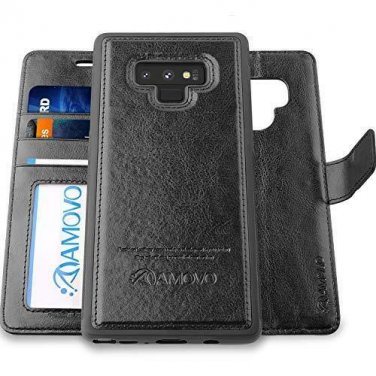 For Samsung Galaxy Note 9 Wallet Case Vegan Leather Wrist Strap Card Slot Black