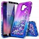 For Galaxy A6 Case Tempered Glass Screen Protector Glitter Liquid Purple/Blue