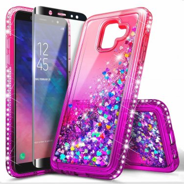 For Galaxy A6 Case Tempered Glass Screen Protector Glitter Liquid Pink/Purple