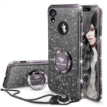 For Apple iPhone XR Case Cute Girly Glitter Bling Diamond Rhinestone Ring Black