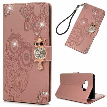 For Galaxy Note 9 Case Wallet Flip Folio Kickstand Card Slots Pink Owl