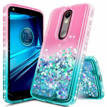For Motorola Droid Turbo 2 Case Glitter Liquid Quicksand Waterfall Pink/Aqua