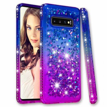 For Galaxy S10 Plus Case for Girls Shock Absorption Glitter Liquid Blue/Purple
