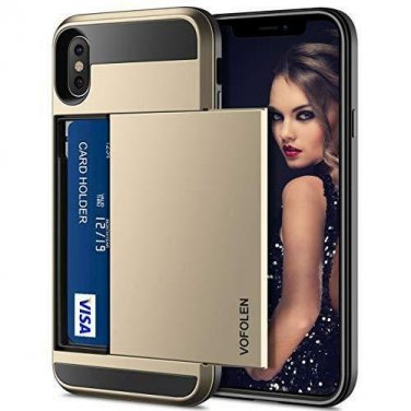 For iPhone Xs Max Case Wallet Card Holder Sliding Cover Credit Card Slot Gold
