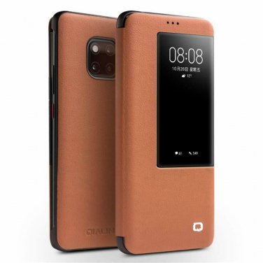 For Huawei Mate 20 Pro Case Slim Folio Genuine Leather with View Window Brown